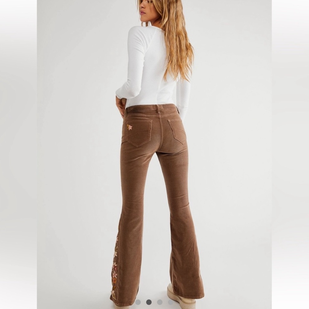 DRIFTWOOD Farrah Brown Embroidered Flare Pants with floral Accents - Picture 2 of 9